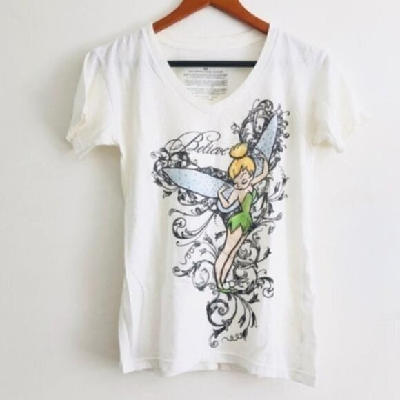 Disney Store T-Shirt XS Tinker Bell 'Believe' Graphic V-Neck White - Picture 1 of 8